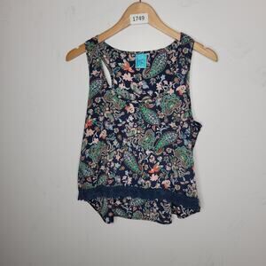 Happening in the Present Women Top Size Small Lace Trim Tank Blue Floral